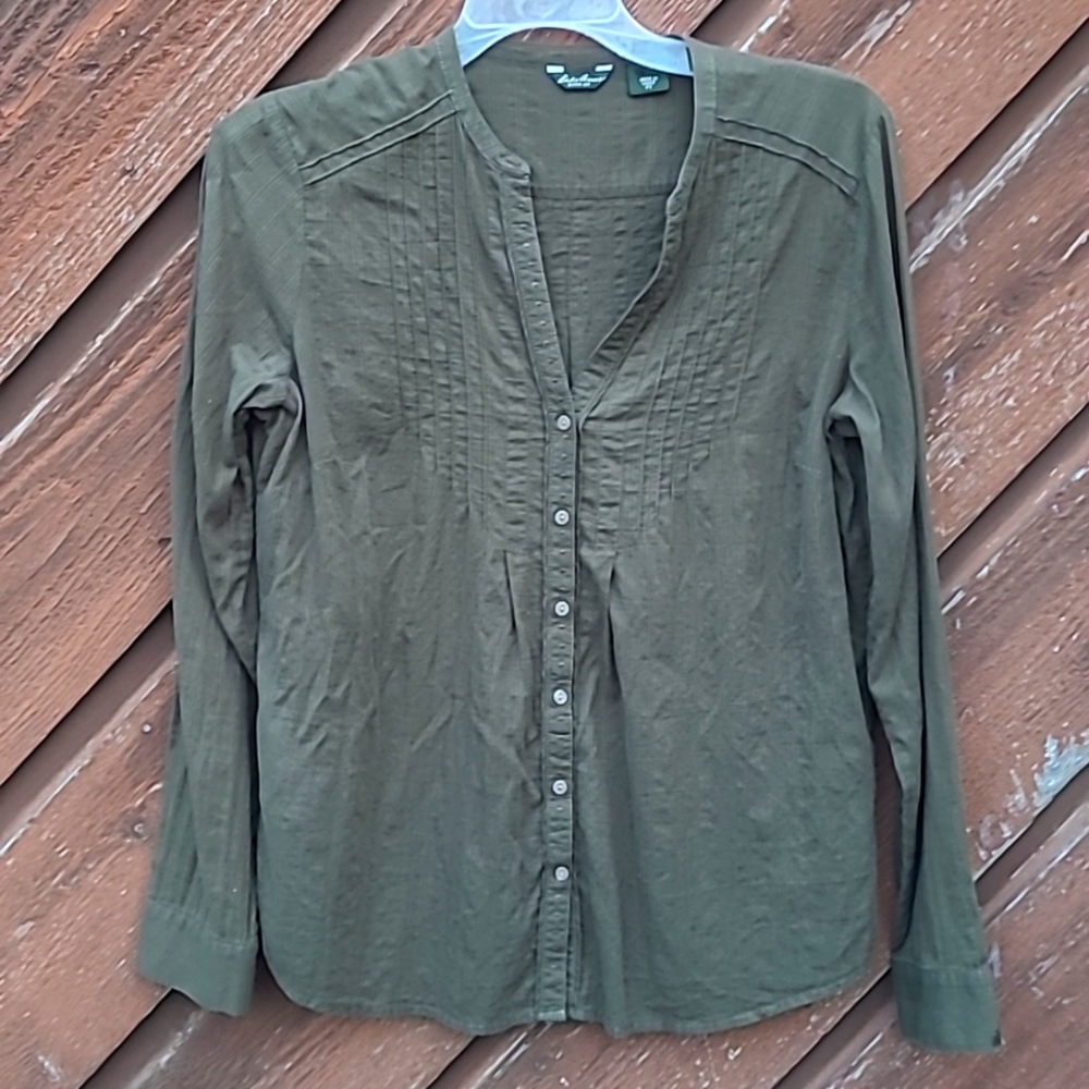Like New Eddie Bauer Petite Women Khaki Green Gauze Cotton Peasant, Boho Blouse